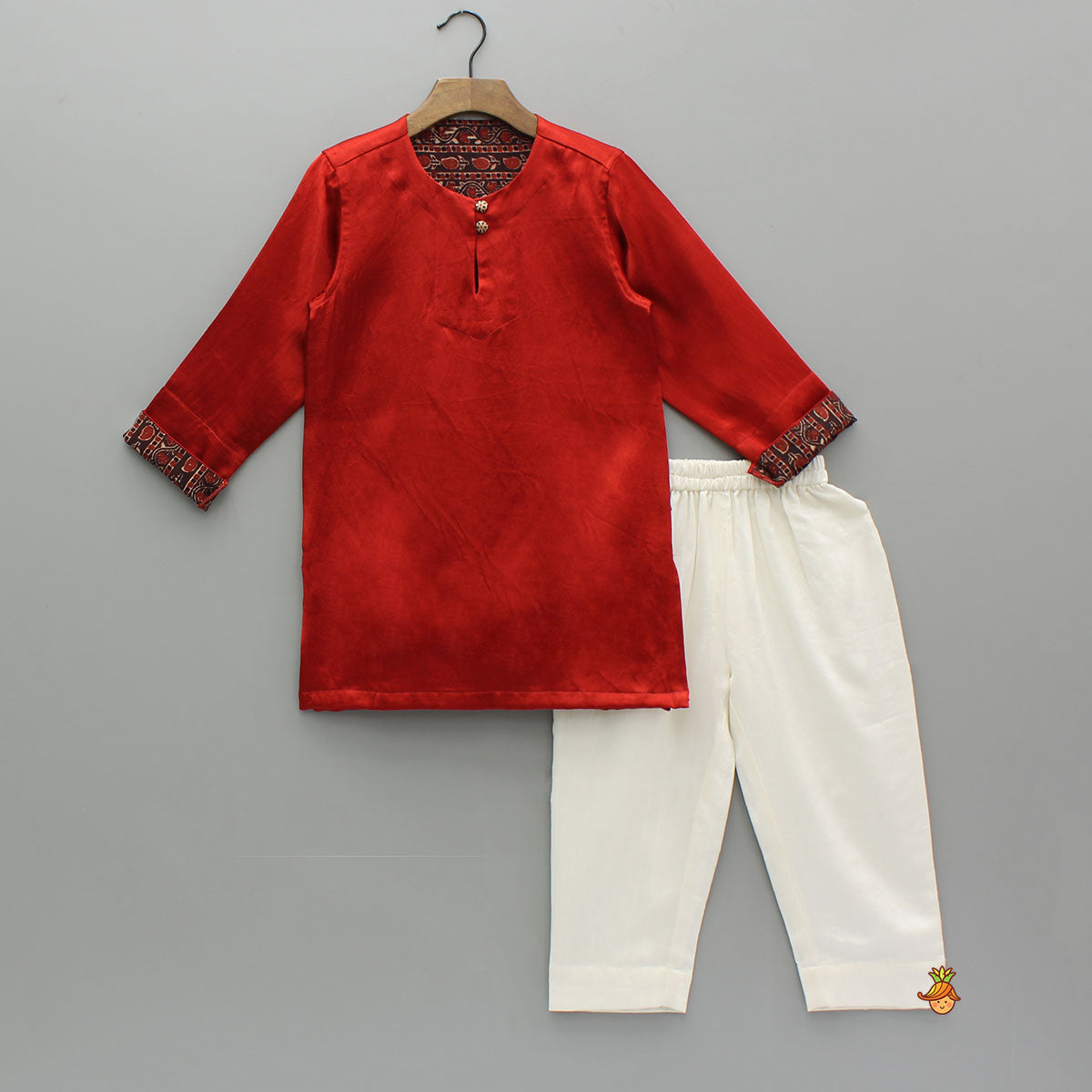 Red Kurta With Printed Jacket And Off White Pyjama