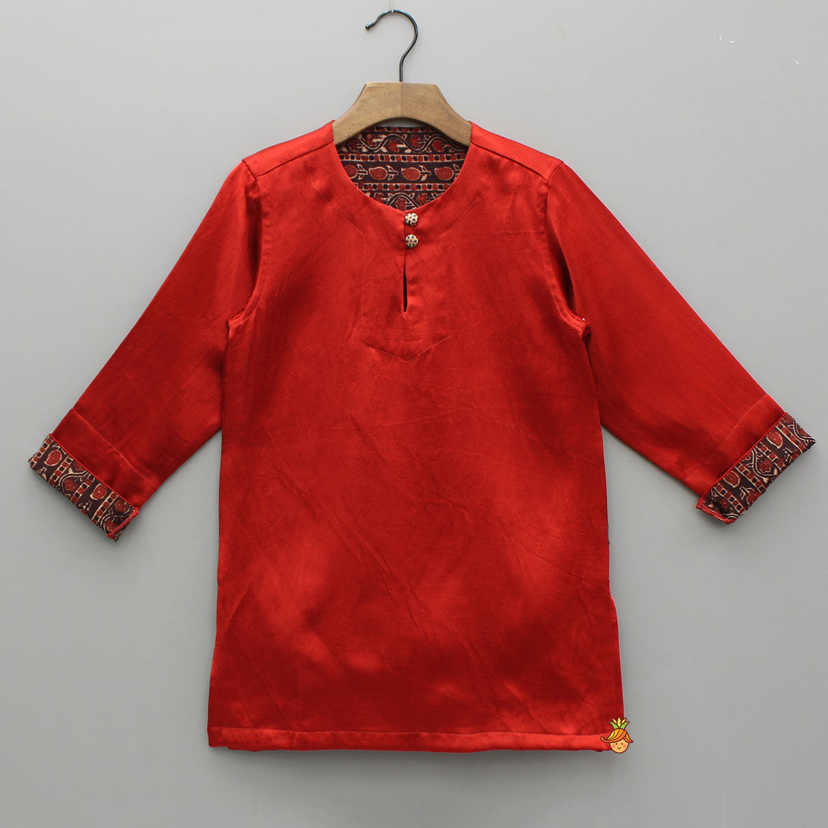 Red Kurta With Printed Jacket And Off White Pyjama