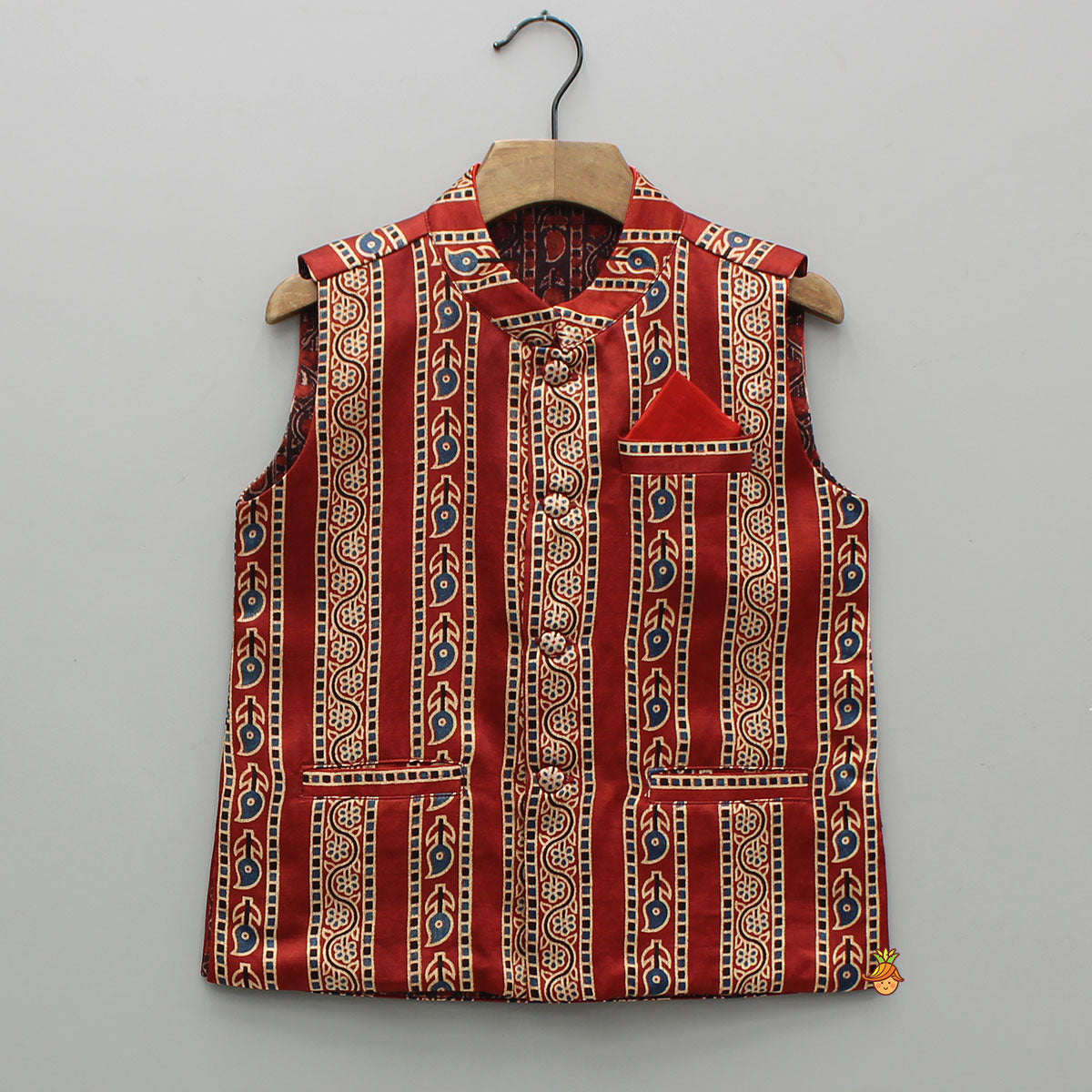 Red Kurta With Printed Jacket And Off White Pyjama
