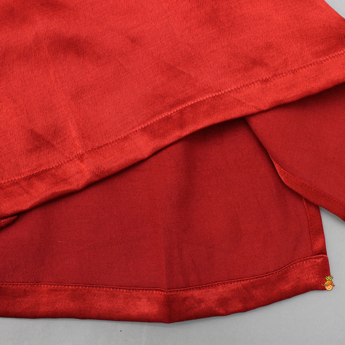 Red Kurta With Printed Jacket And Off White Pyjama
