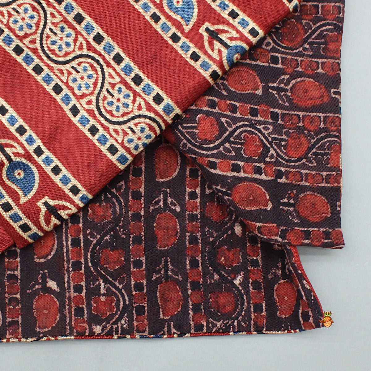 Red Kurta With Printed Jacket And Off White Pyjama