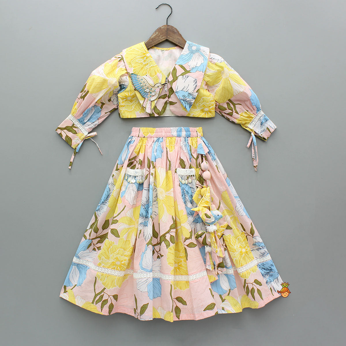 Floral Printed Cotton Top With Matching Lehenga And Bag
