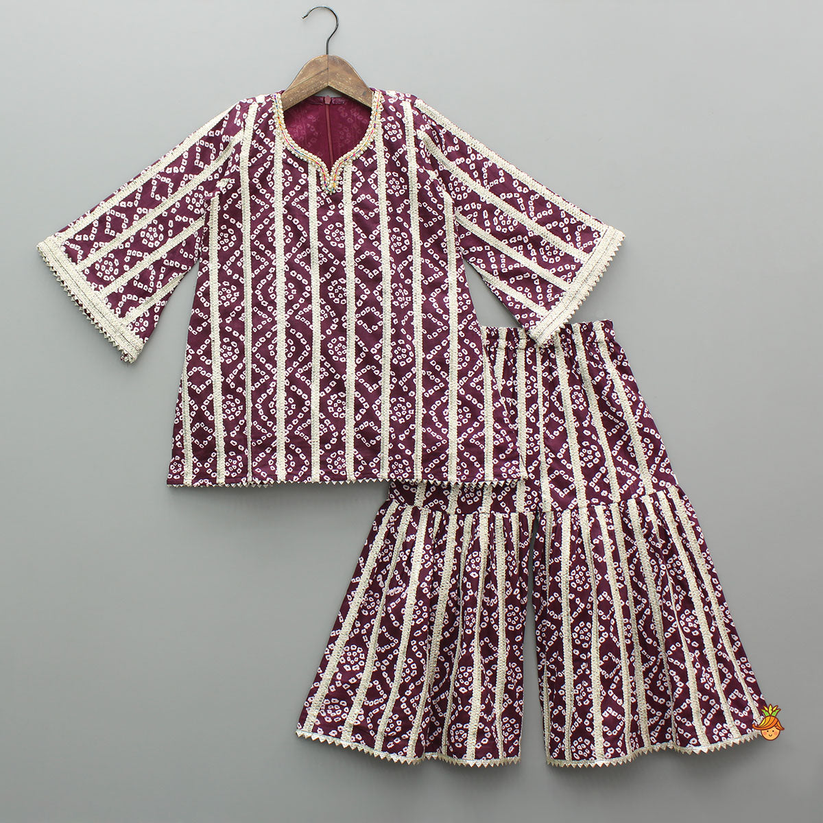 Bandhani Printed Lace Detailed Kurti With Sharara And Dupatta
