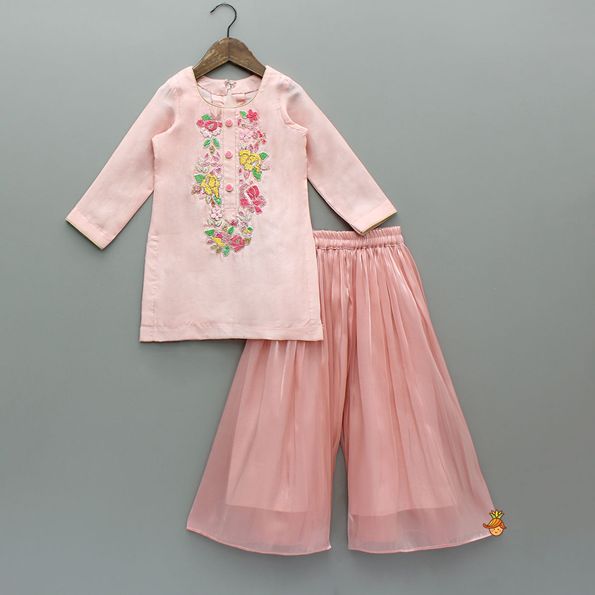 Gorgeous Floral Embroidered Kurti With Pleated Palazzo And Dupatta