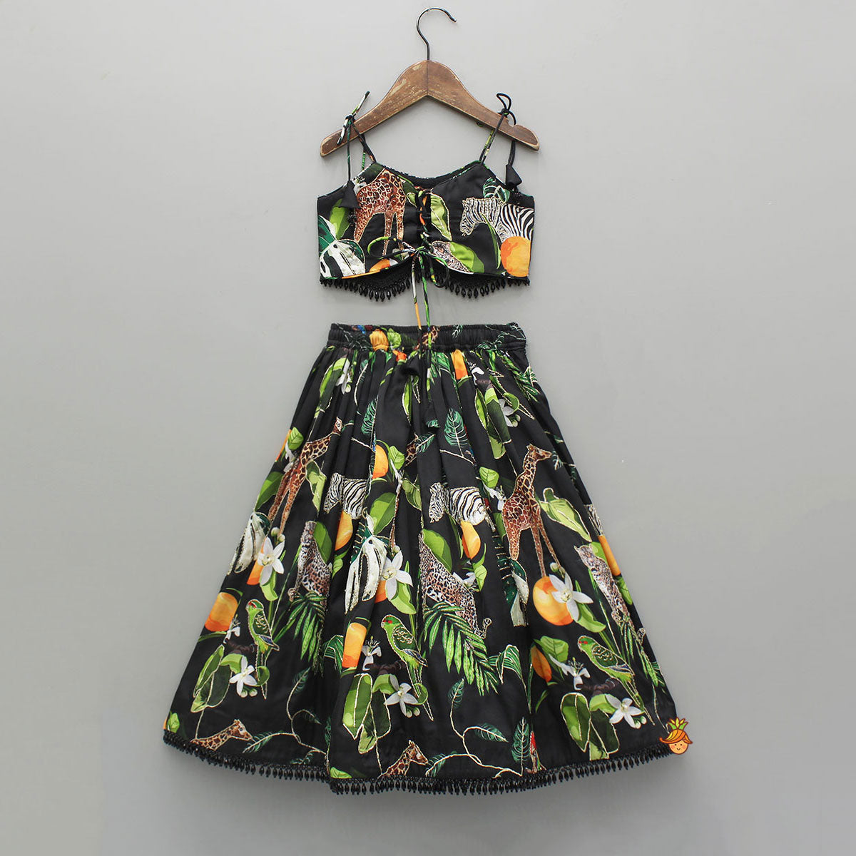 Black Tropical Print Strappy Top With Lehenga