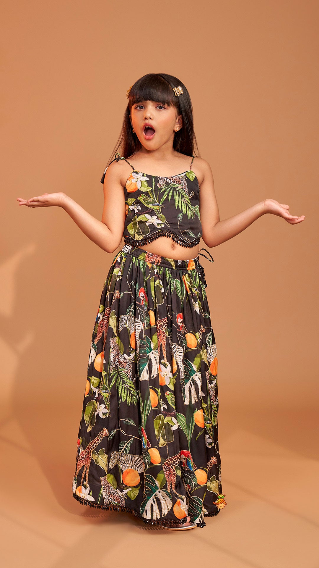 Black Tropical Print Strappy Top With Lehenga