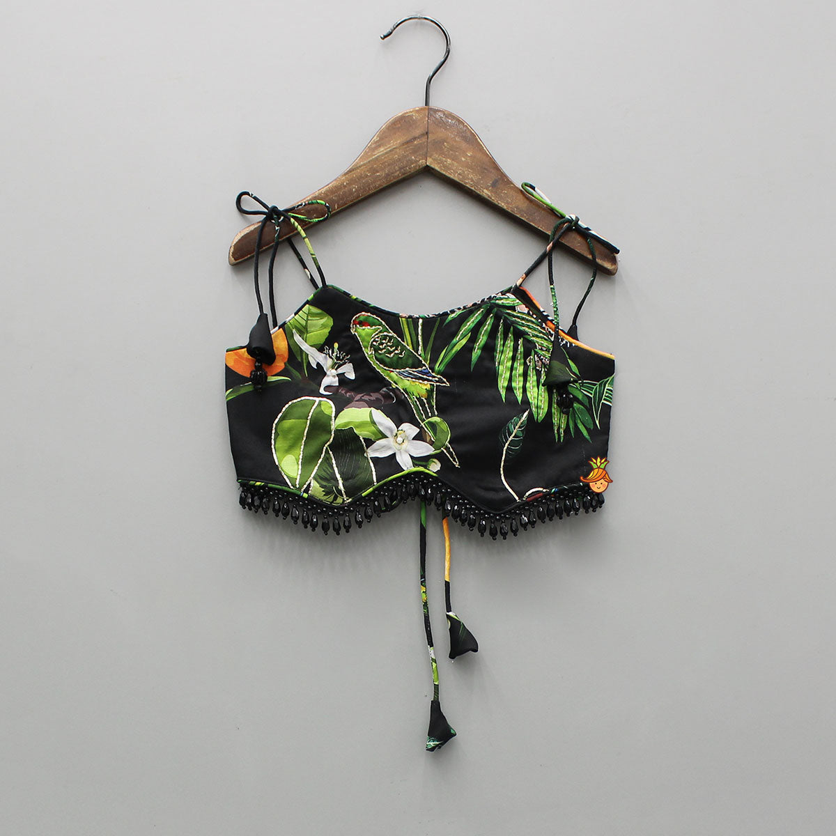 Black Tropical Print Strappy Top With Lehenga