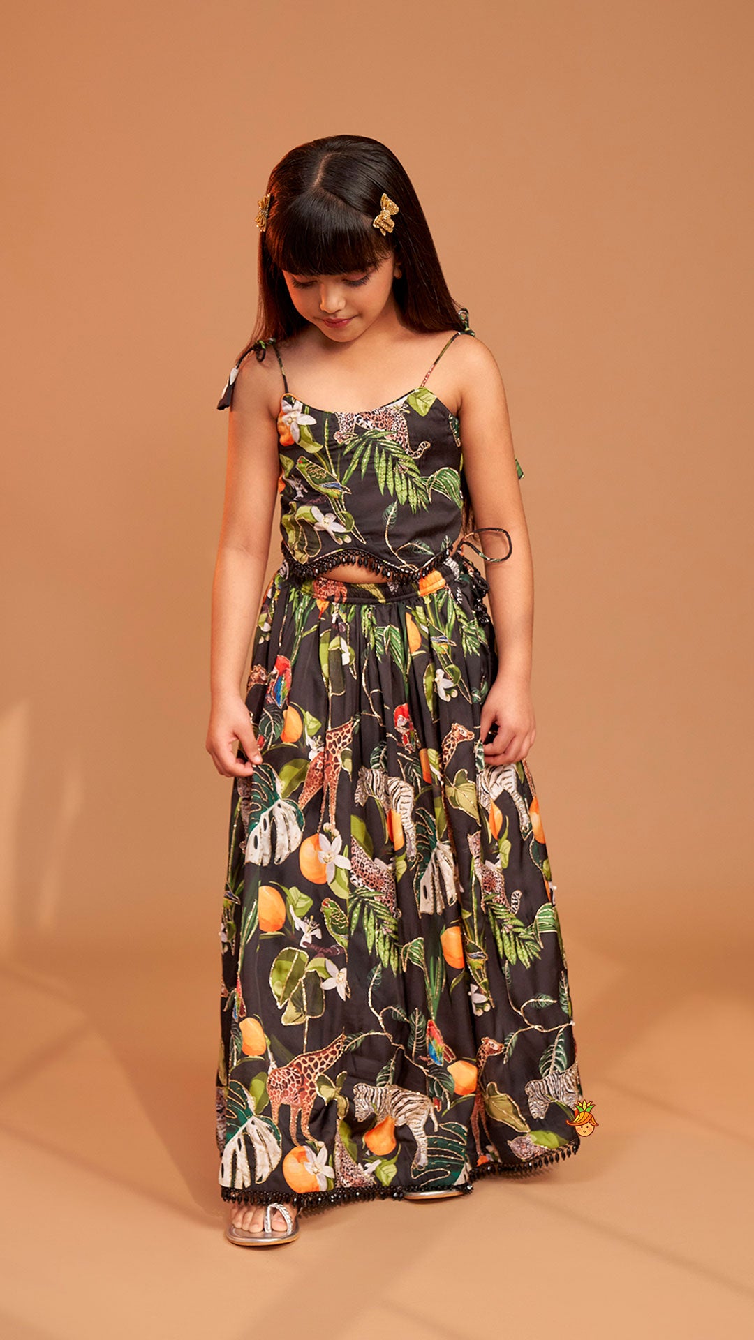 Black Tropical Print Strappy Top With Lehenga
