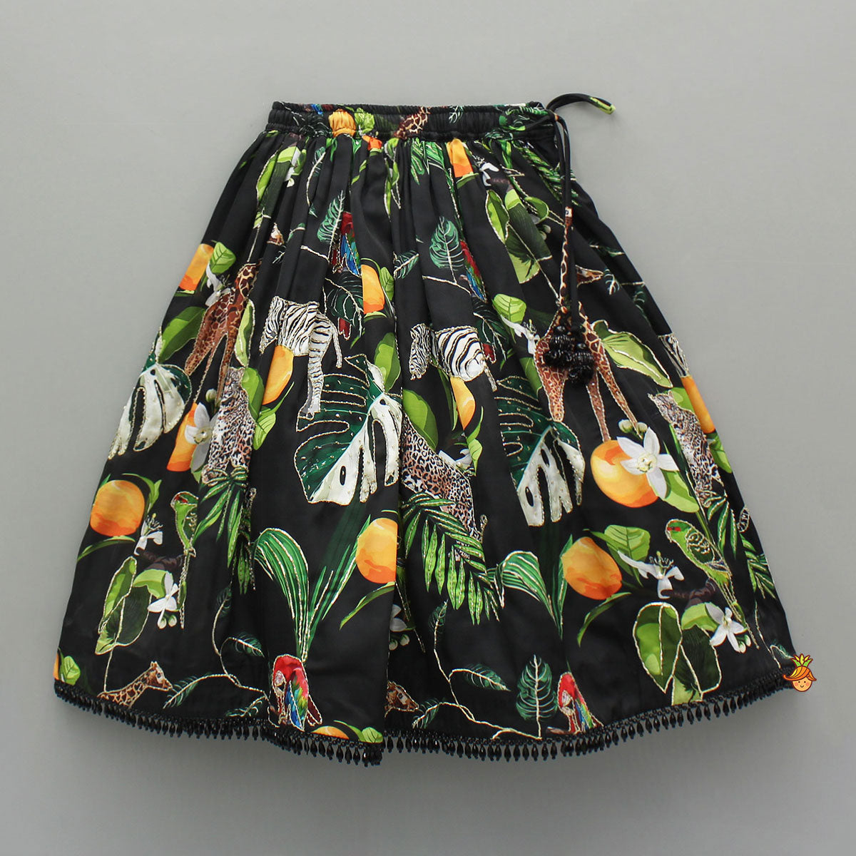 Black Tropical Print Strappy Top With Lehenga