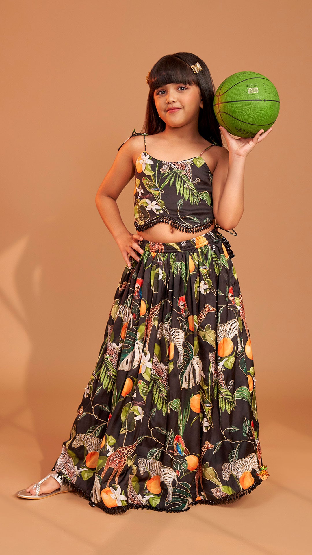 Black Tropical Print Strappy Top With Lehenga