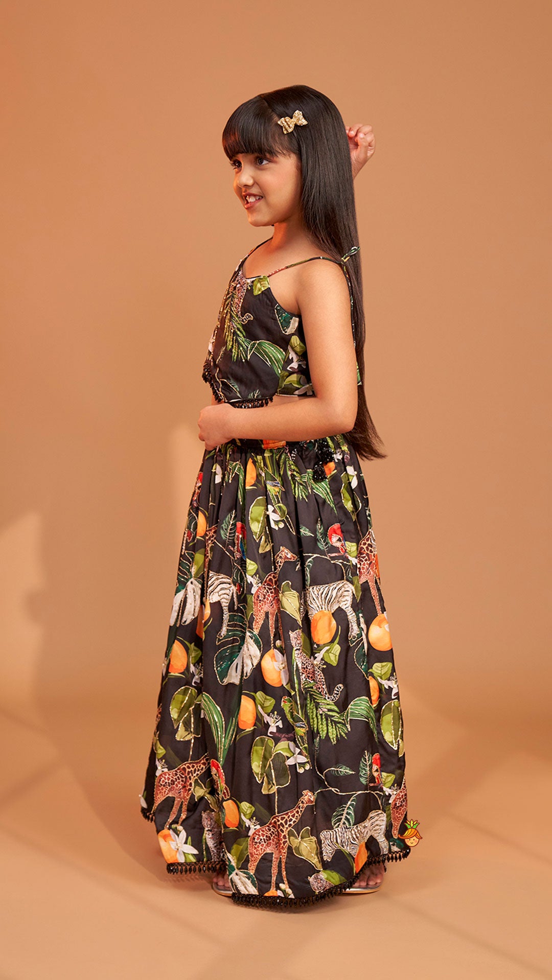 Black Tropical Print Strappy Top With Lehenga