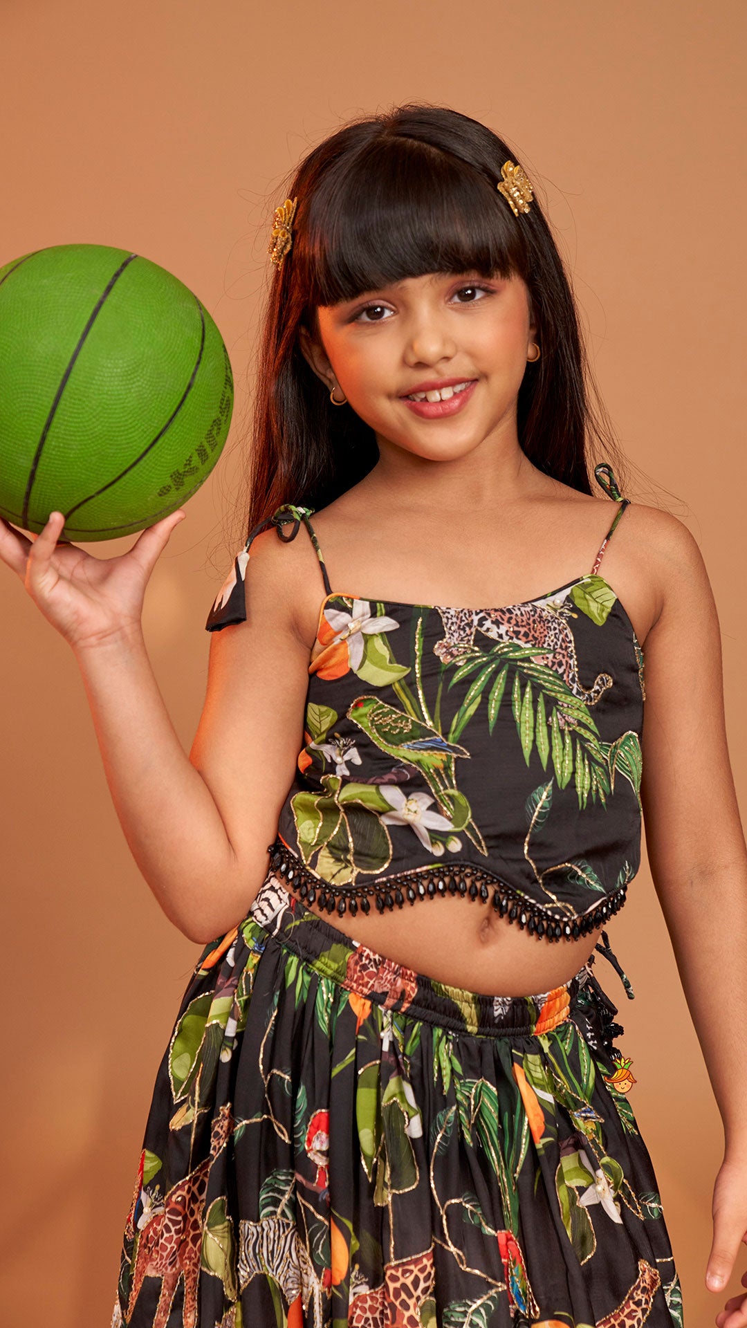 Black Tropical Print Strappy Top With Lehenga