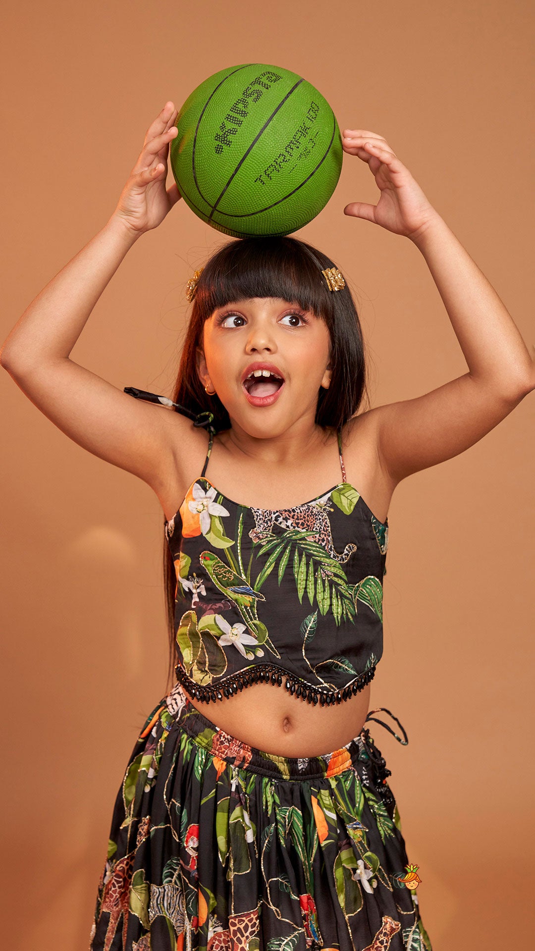 Black Tropical Print Strappy Top With Lehenga
