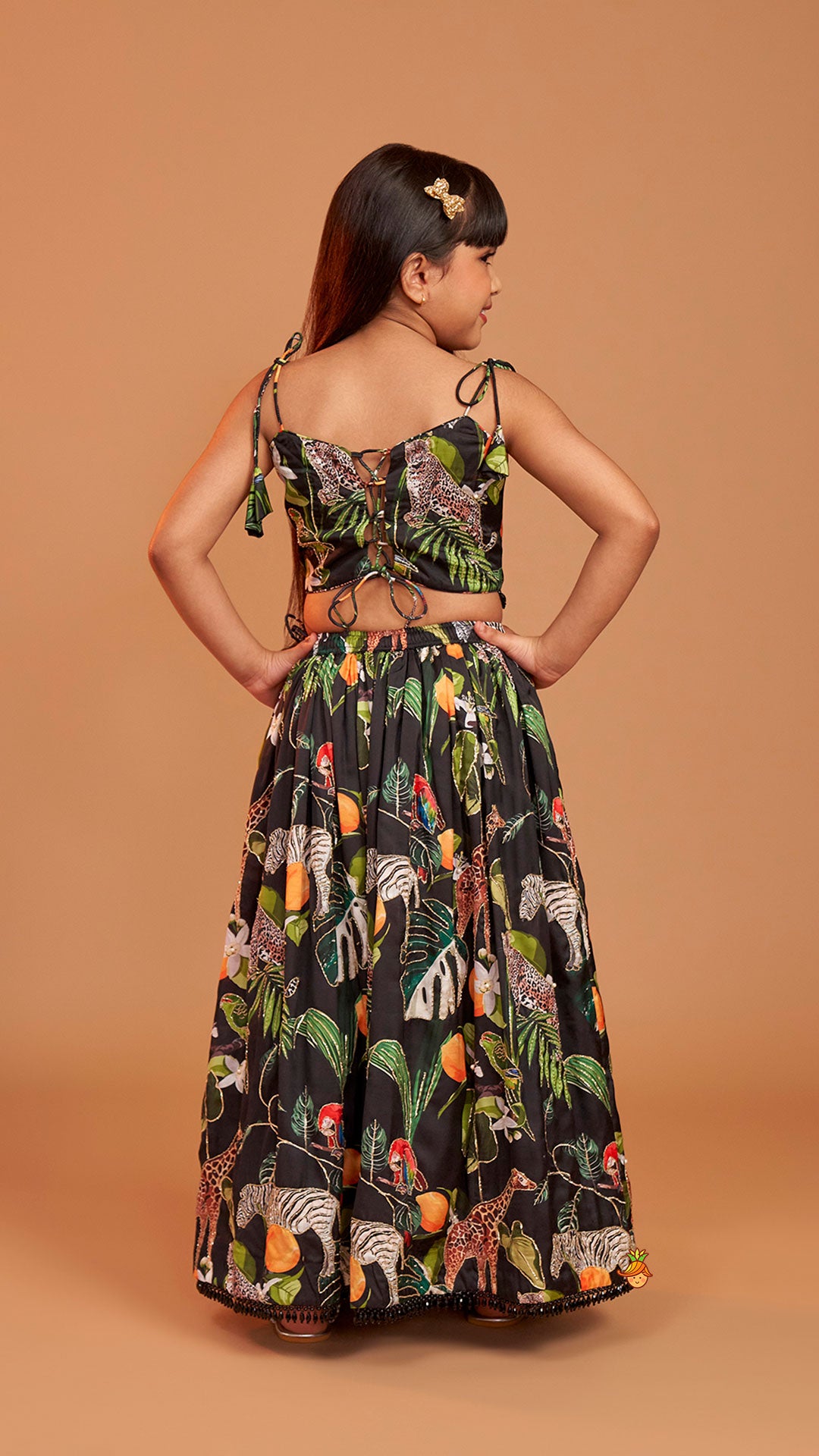 Black Tropical Print Strappy Top With Lehenga