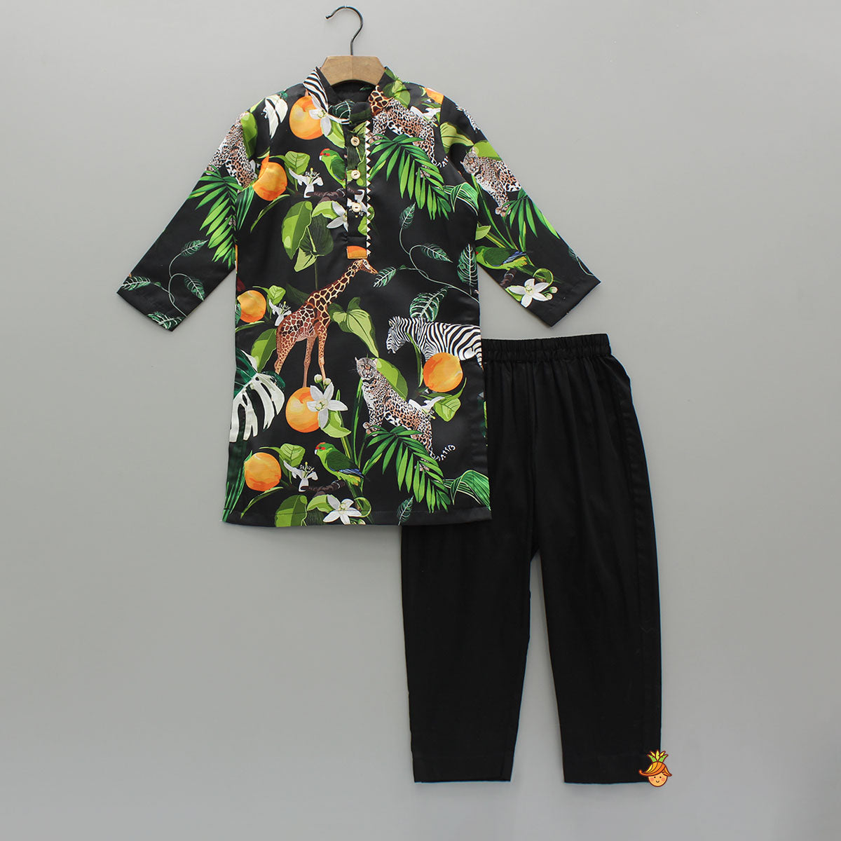 Black Jungle Safari Printed Kurta With Pyjama