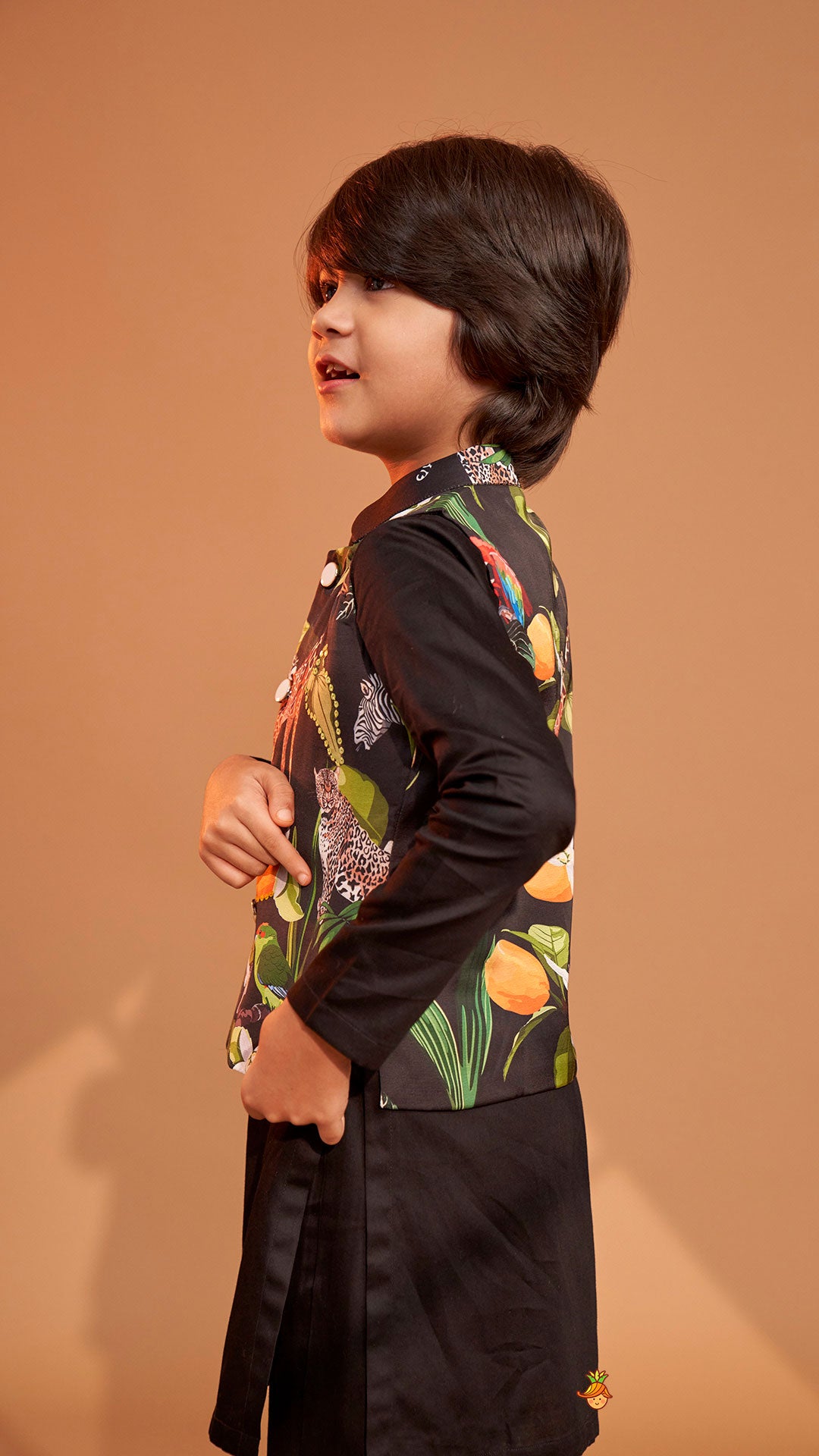 Black Kurta With Safari Printed Jacket And Pyjama
