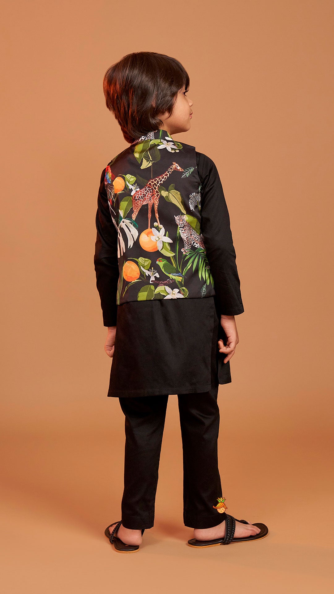 Black Kurta With Safari Printed Jacket And Pyjama
