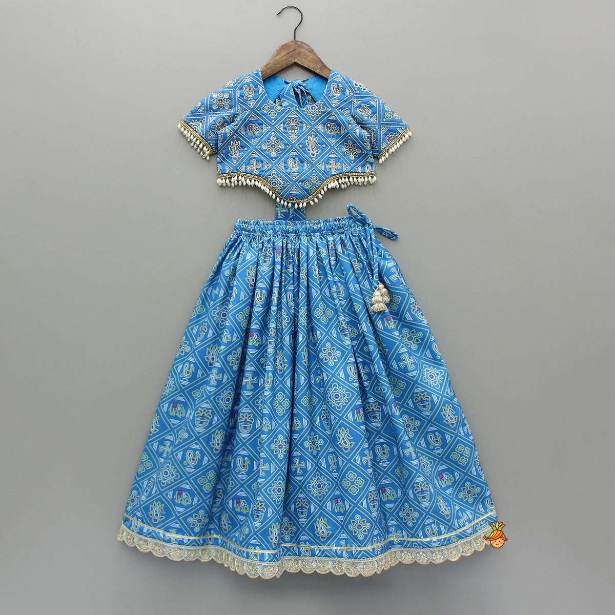 Blue Bandhani Printed Top With Lehenga And Dupatta