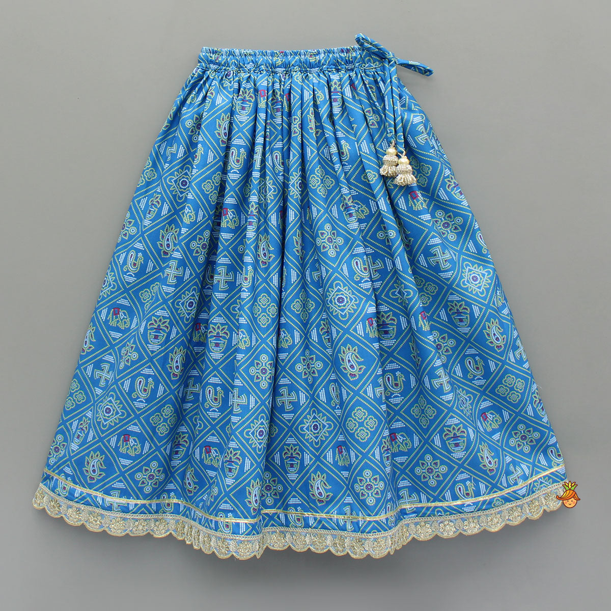 Blue Bandhani Printed Top With Lehenga And Dupatta