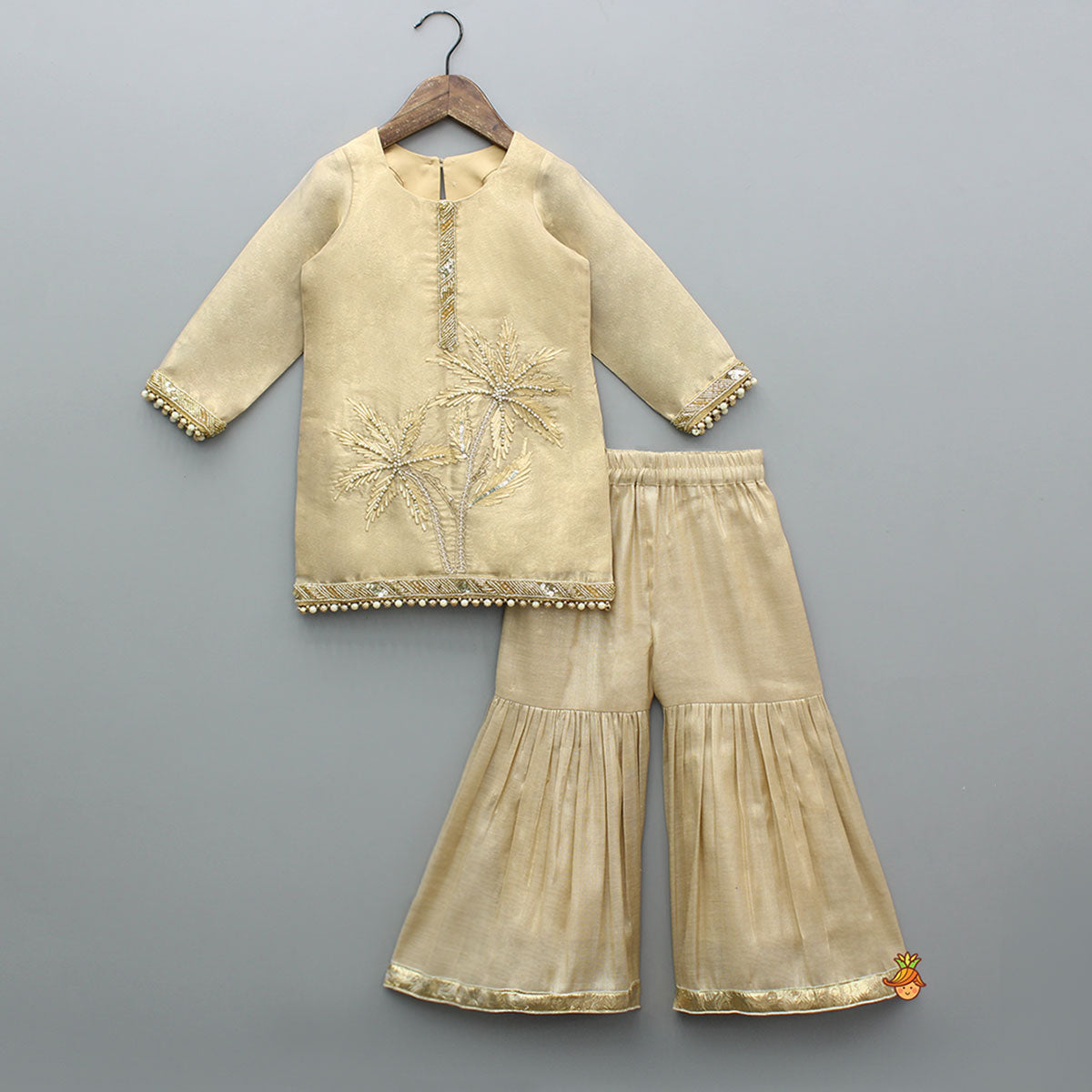 Stunning Beige Hand Embroidered Sheen Kurti With Sharara