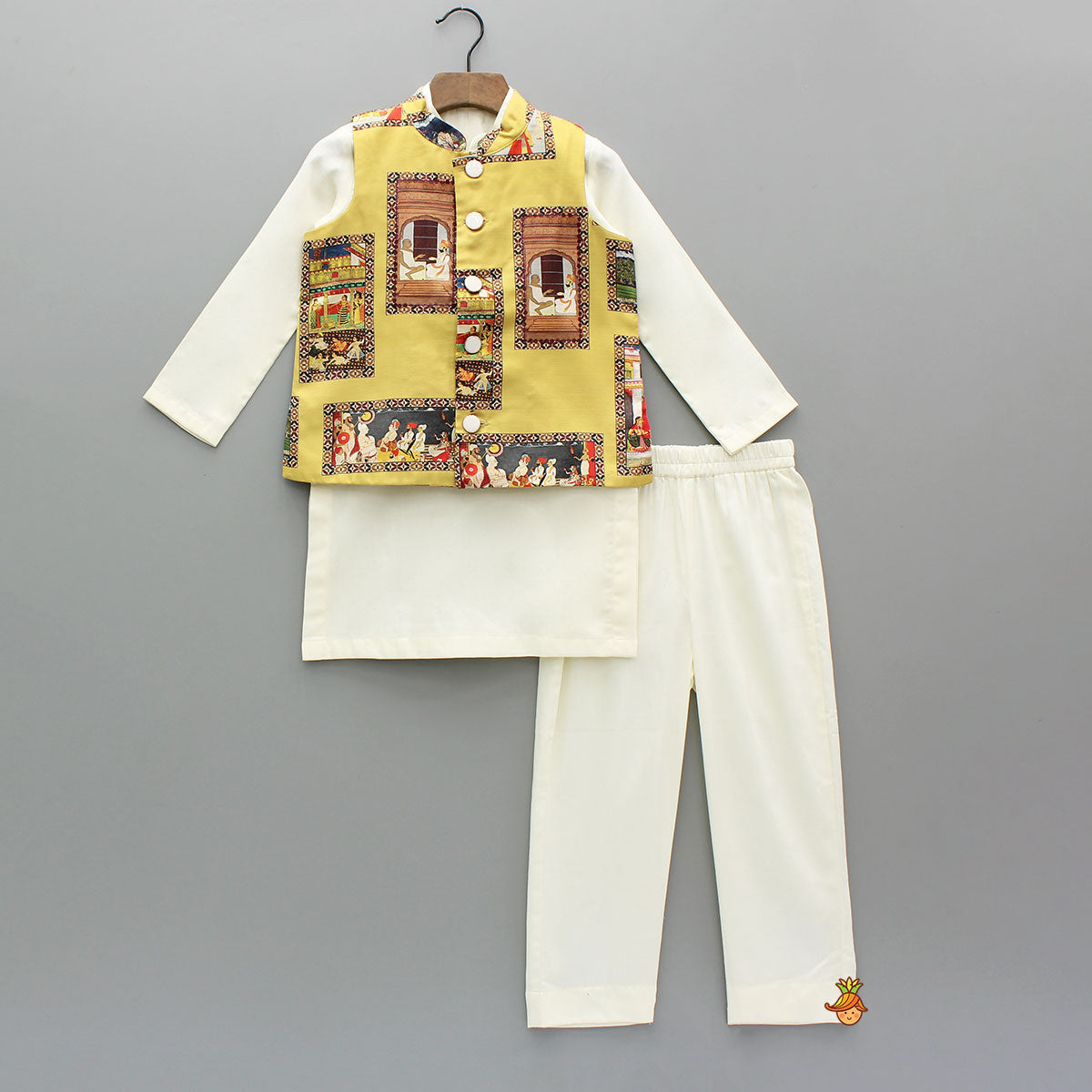 Kurta With Exquisite Yellow Ethnic Printed Jacket And Pyjama