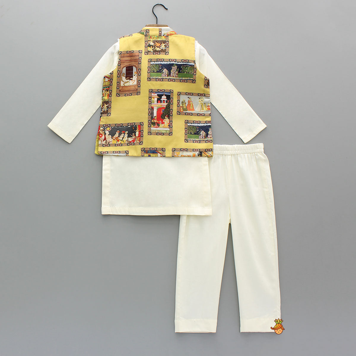 Kurta With Exquisite Yellow Ethnic Printed Jacket And Pyjama