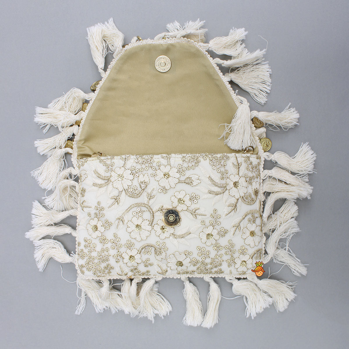 Sling Bag With Zari And Thread Floral Embroidery And Fringe Detailing