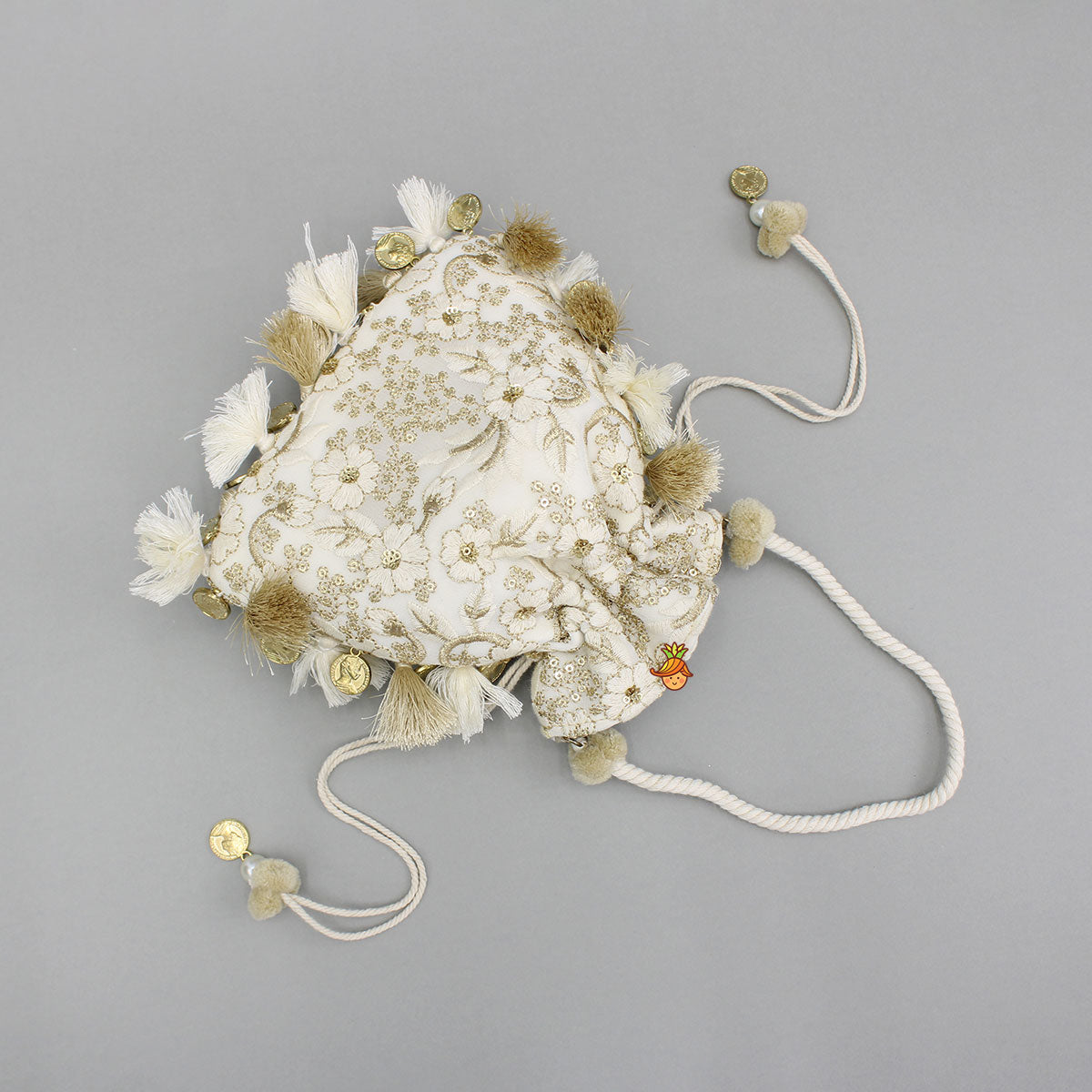 Zari And Thread Embroidered Off White Potli Bag