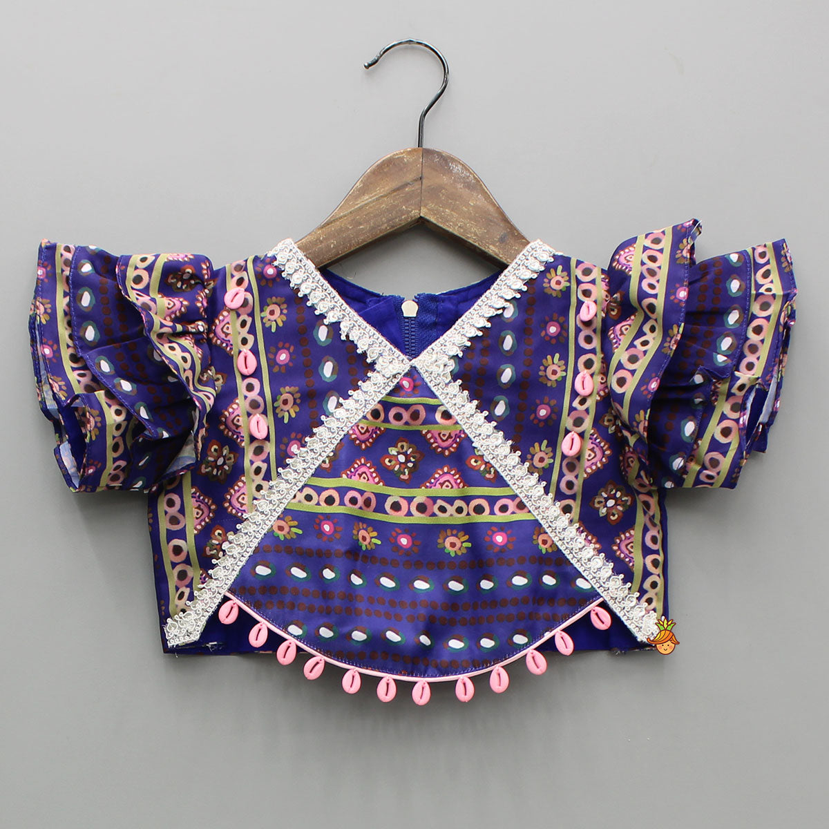 Layered Sleeves Blue Top And Fabric Flower Tassels Enhanced Lehenga With Purple Net Dupatta