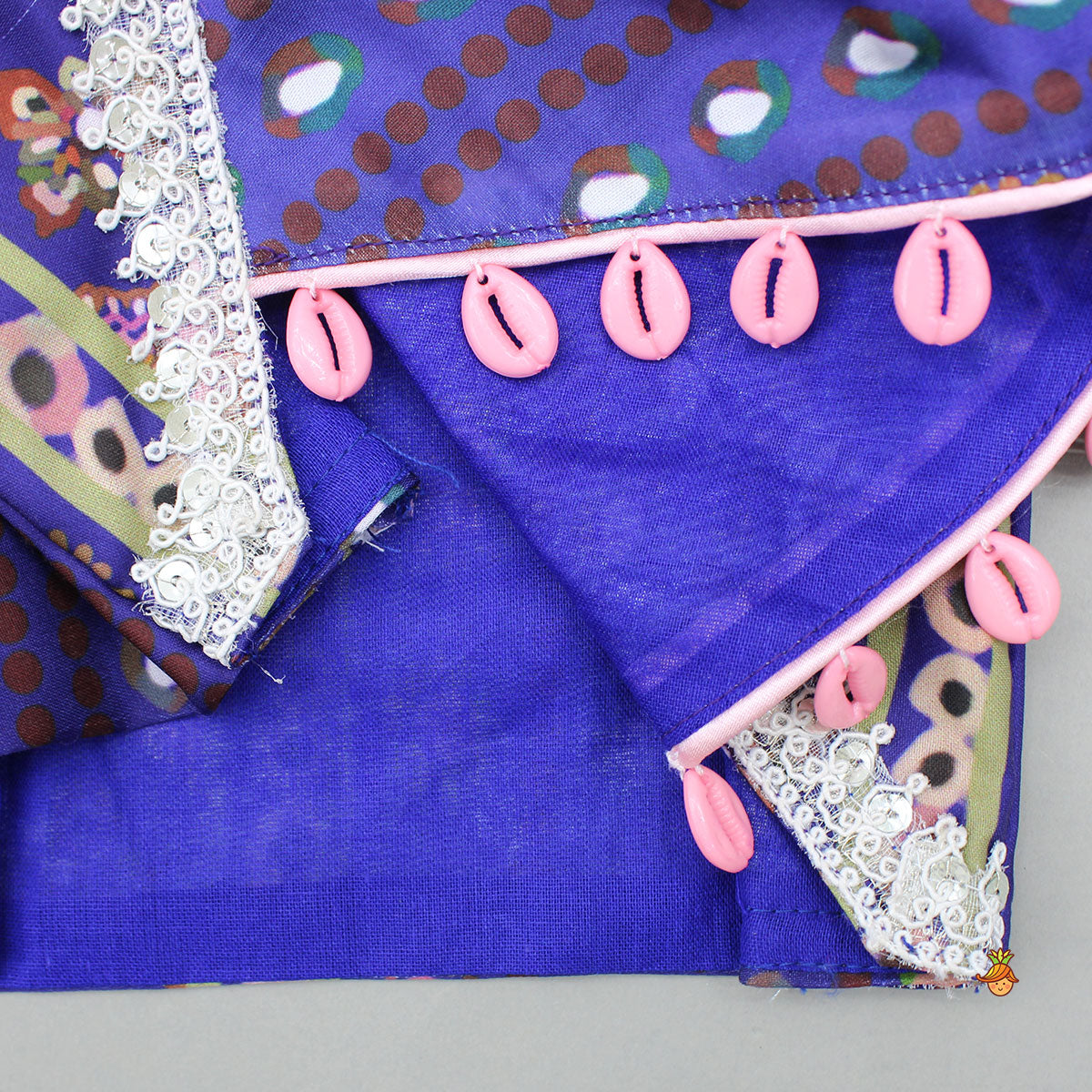 Layered Sleeves Blue Top And Fabric Flower Tassels Enhanced Lehenga With Purple Net Dupatta
