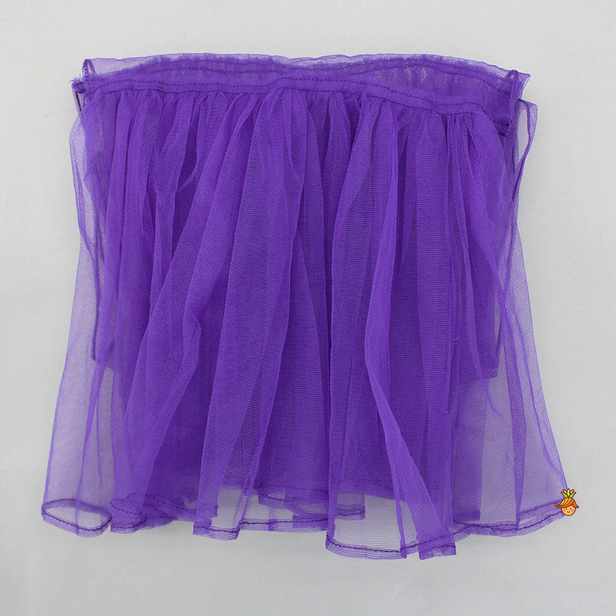 Layered Sleeves Blue Top And Fabric Flower Tassels Enhanced Lehenga With Purple Net Dupatta
