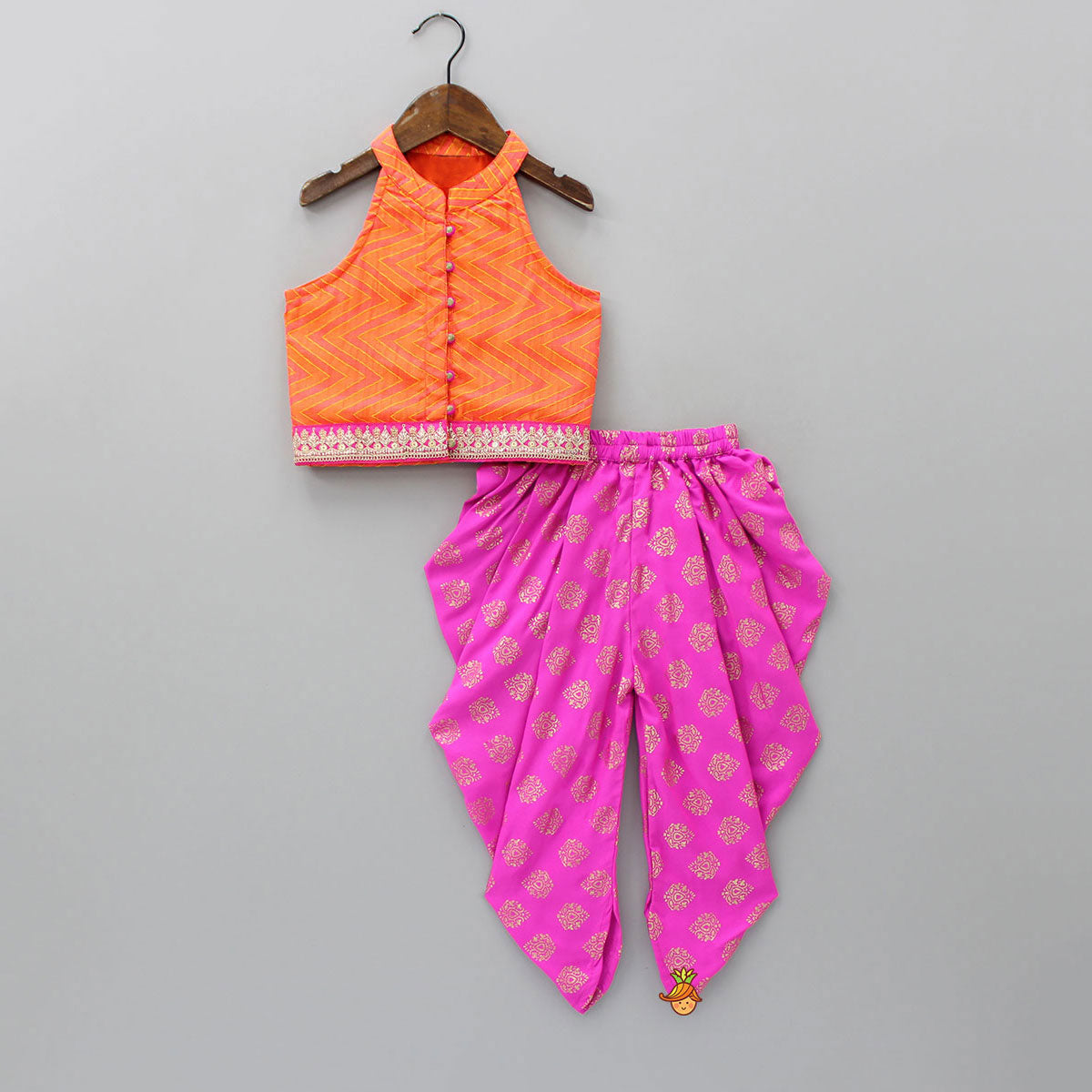 Zig-Zag Printed Halter Neck Top With Printed Pink Dhoti