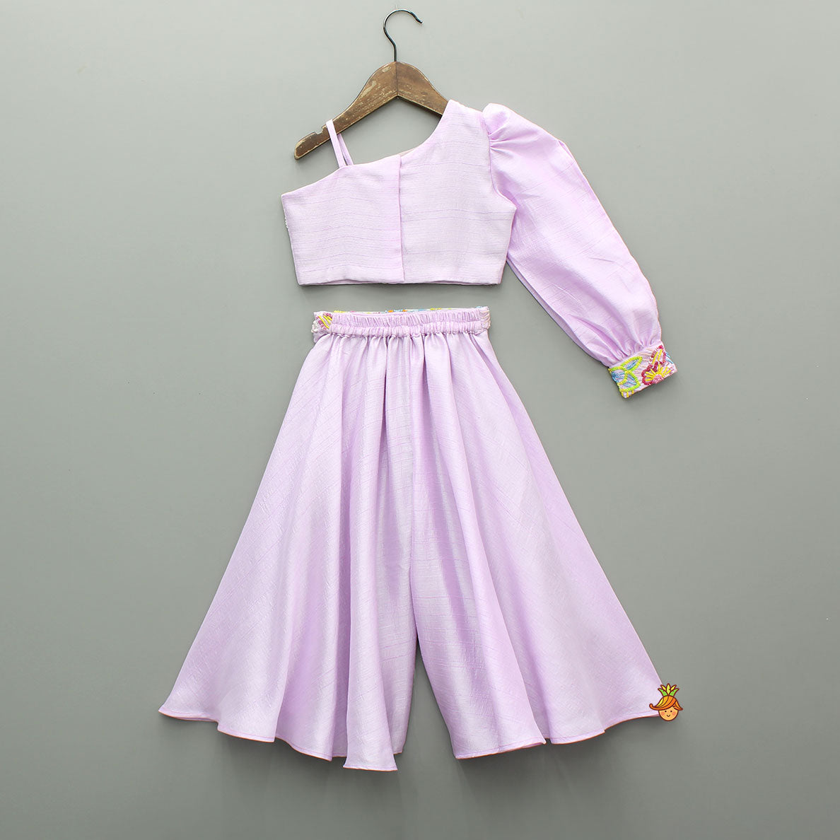Lilac One Shoulder Floral Embroidered Top With Palazzo And Attached Heart Shaped Pouch