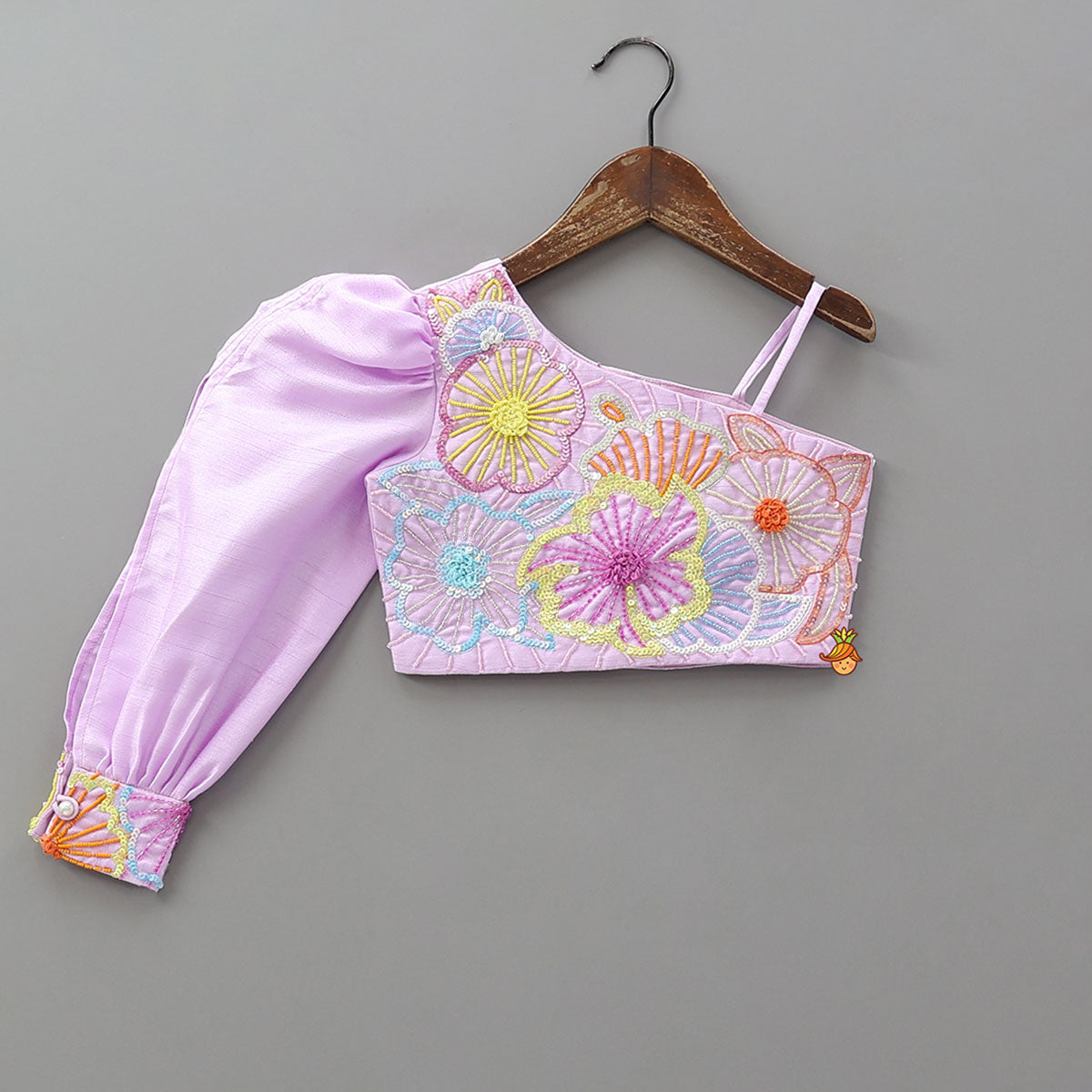 Lilac One Shoulder Floral Embroidered Top With Palazzo And Attached Heart Shaped Pouch