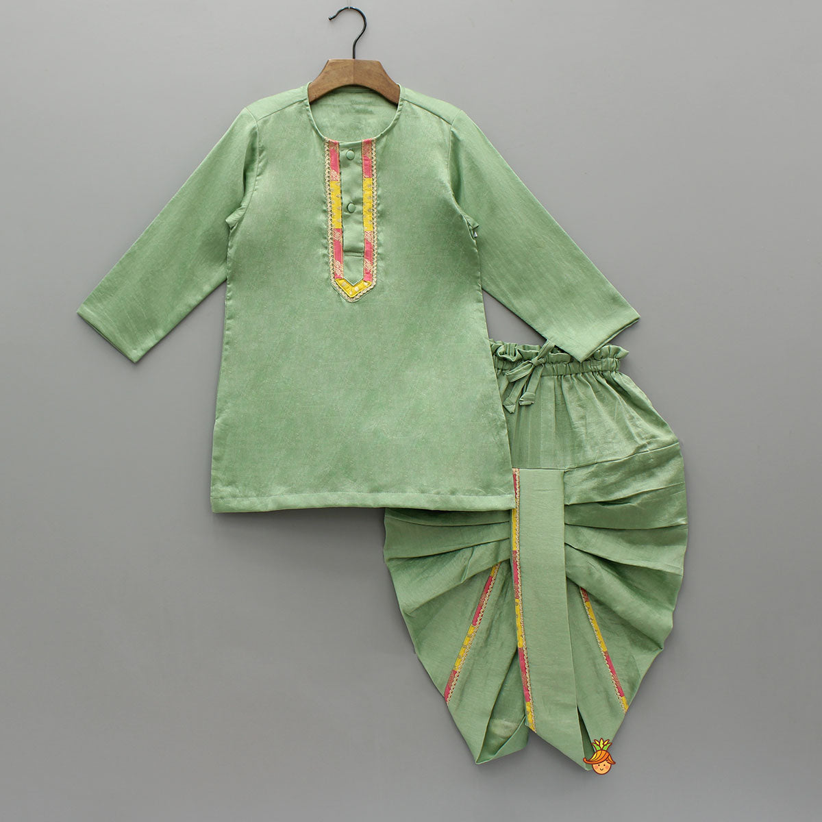 Green Kurta With Prink Brocade Jacket And Dhoti