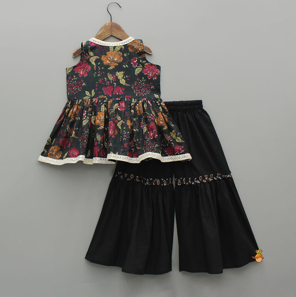 Strappy Printed Top With Sleeveless Peplum Kurti And Sharara