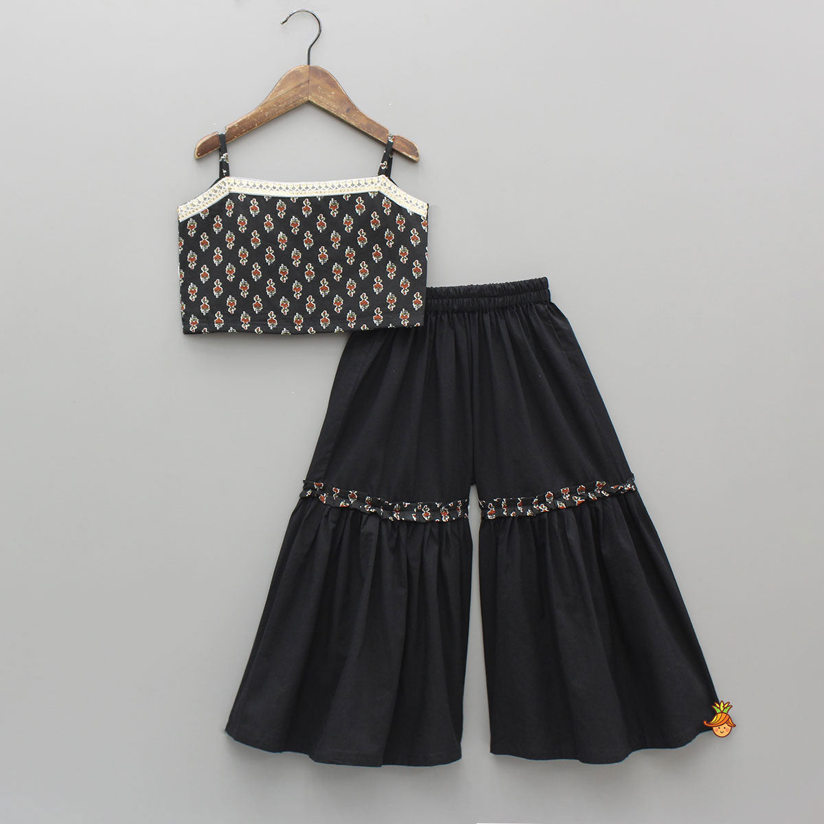 Strappy Printed Top With Sleeveless Peplum Kurti And Sharara