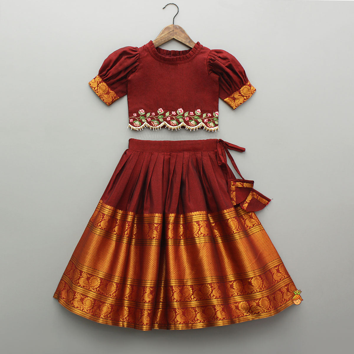 Maroon Floral-Embroidered Top And Pleated Lehenga
