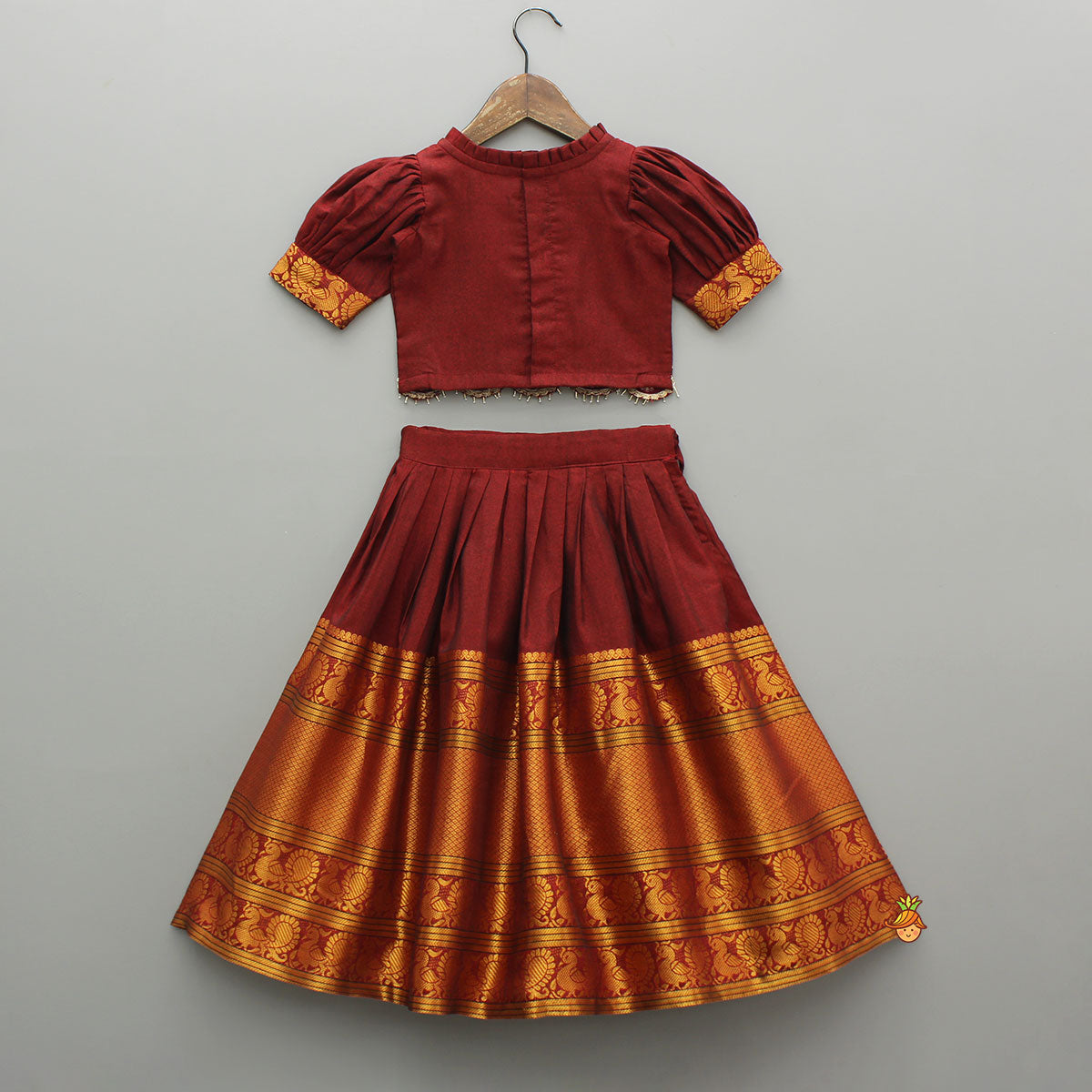 Maroon Floral-Embroidered Top And Pleated Lehenga