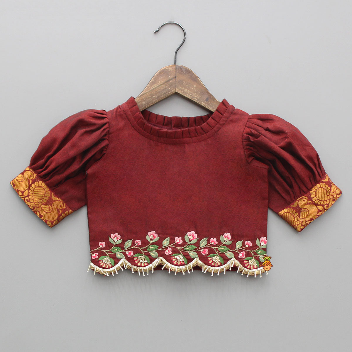 Maroon Floral-Embroidered Top And Pleated Lehenga