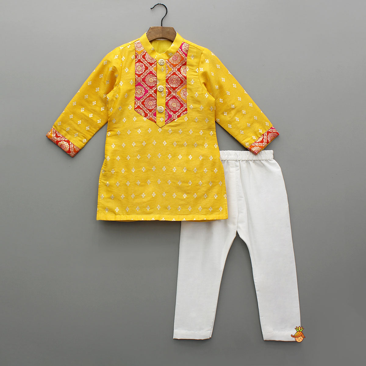 Yellow Sheen Brocade Silk Kurta With Pyjama