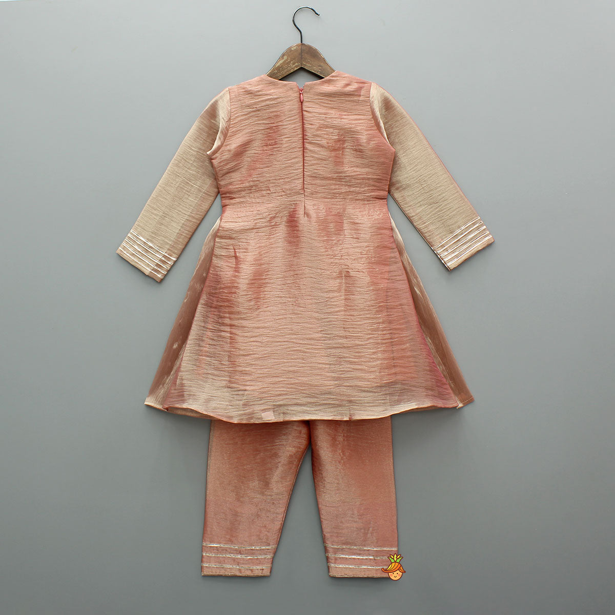 Peach Sheen Embroidered Kurti With Pant And Dupatta