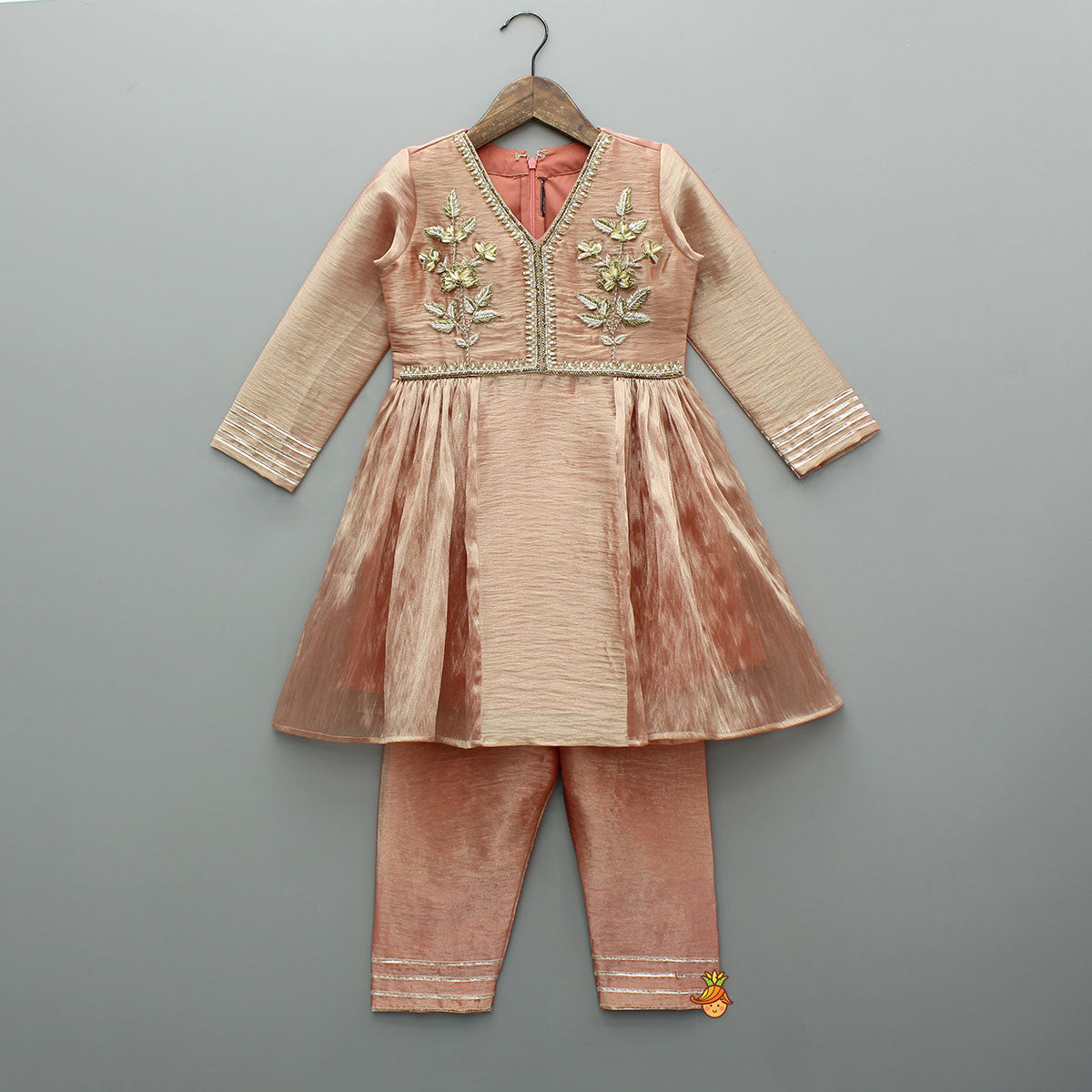 Peach Sheen Embroidered Kurti With Pant And Dupatta
