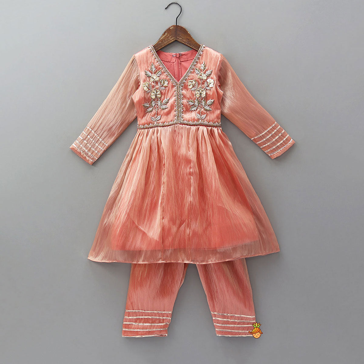 Peach Shimmery Embroidered Kurti With Pant And Dupatta