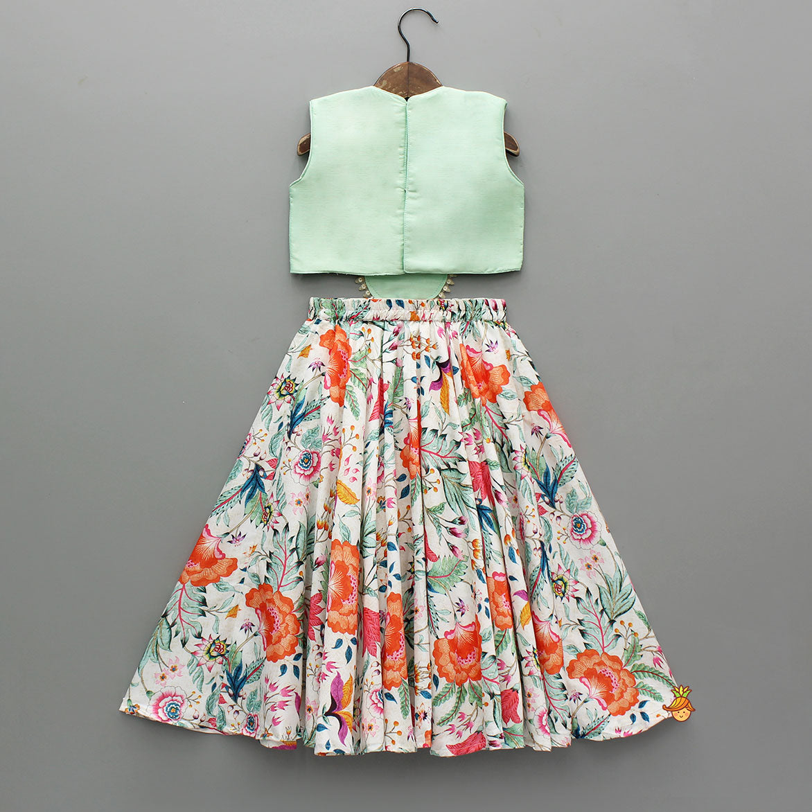 Green Sleeveless Top With Multicolour Printed Lehenga