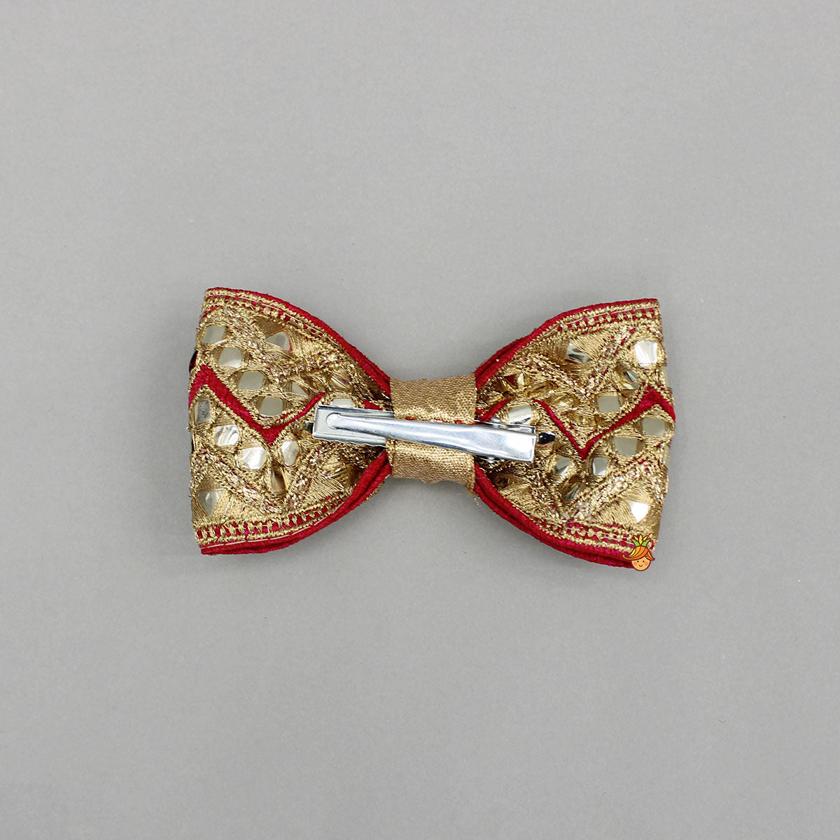 Elegant Faux Mirror Embroidered Zari Detailed Bow Hair Clip