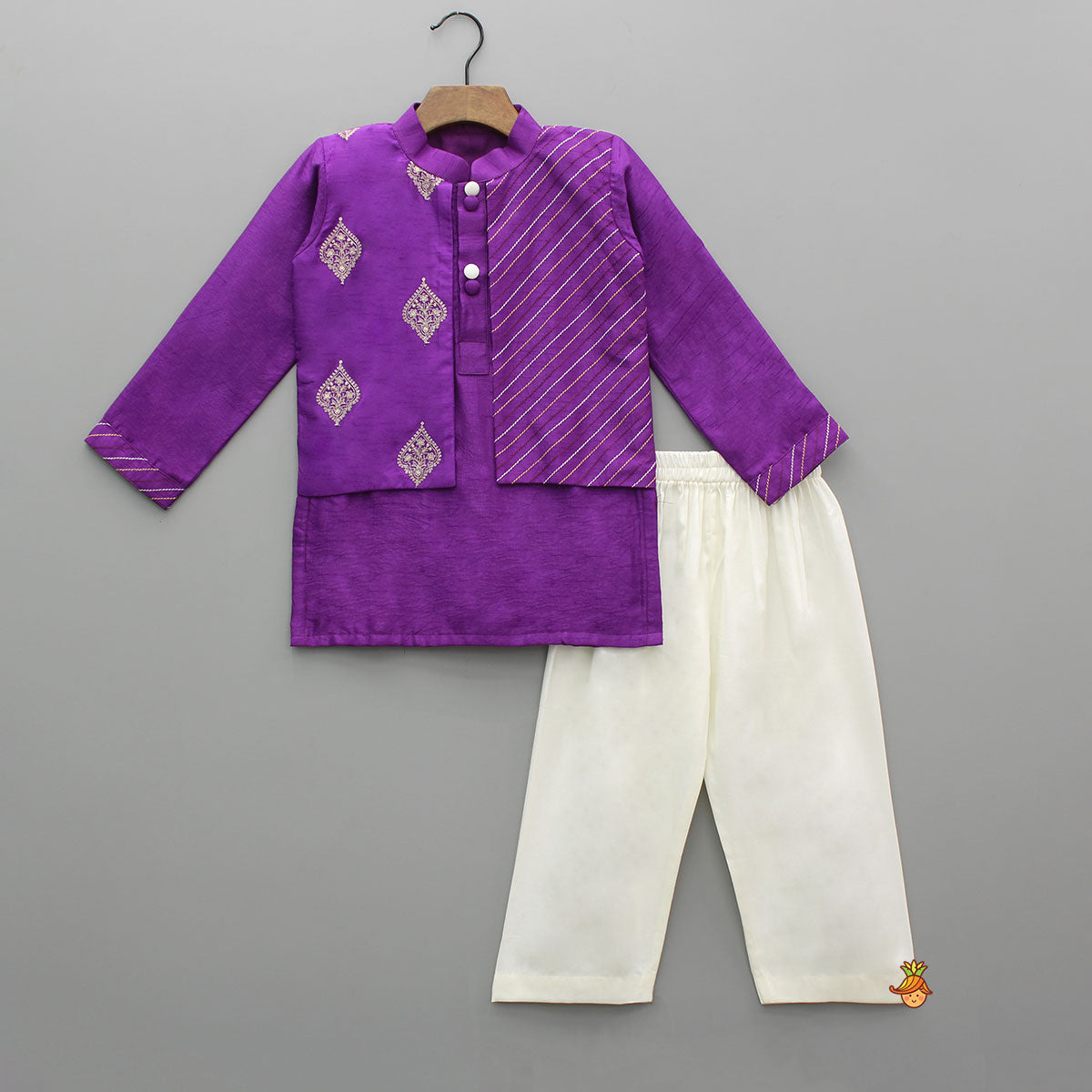 Purple Jacket Style Kurta With Off White Pyjama