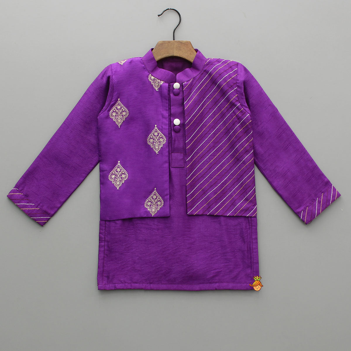 Purple Jacket Style Kurta With Off White Pyjama