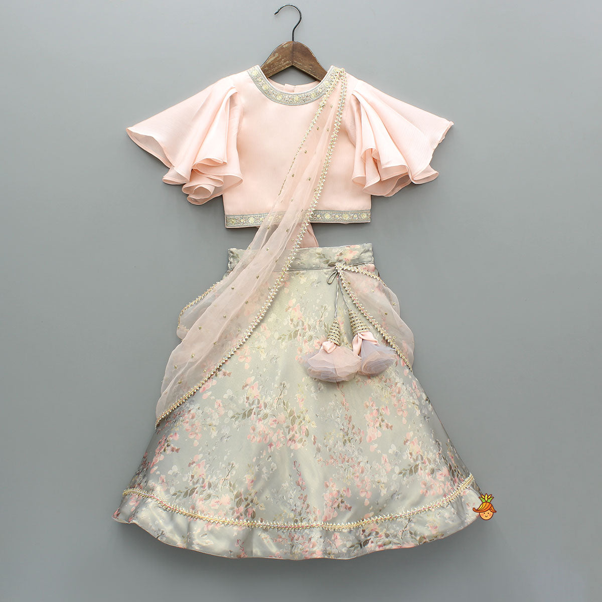 Peach Ruffle Sleeves Top With Shimmery Floral Lehenga And Attached Dupatta