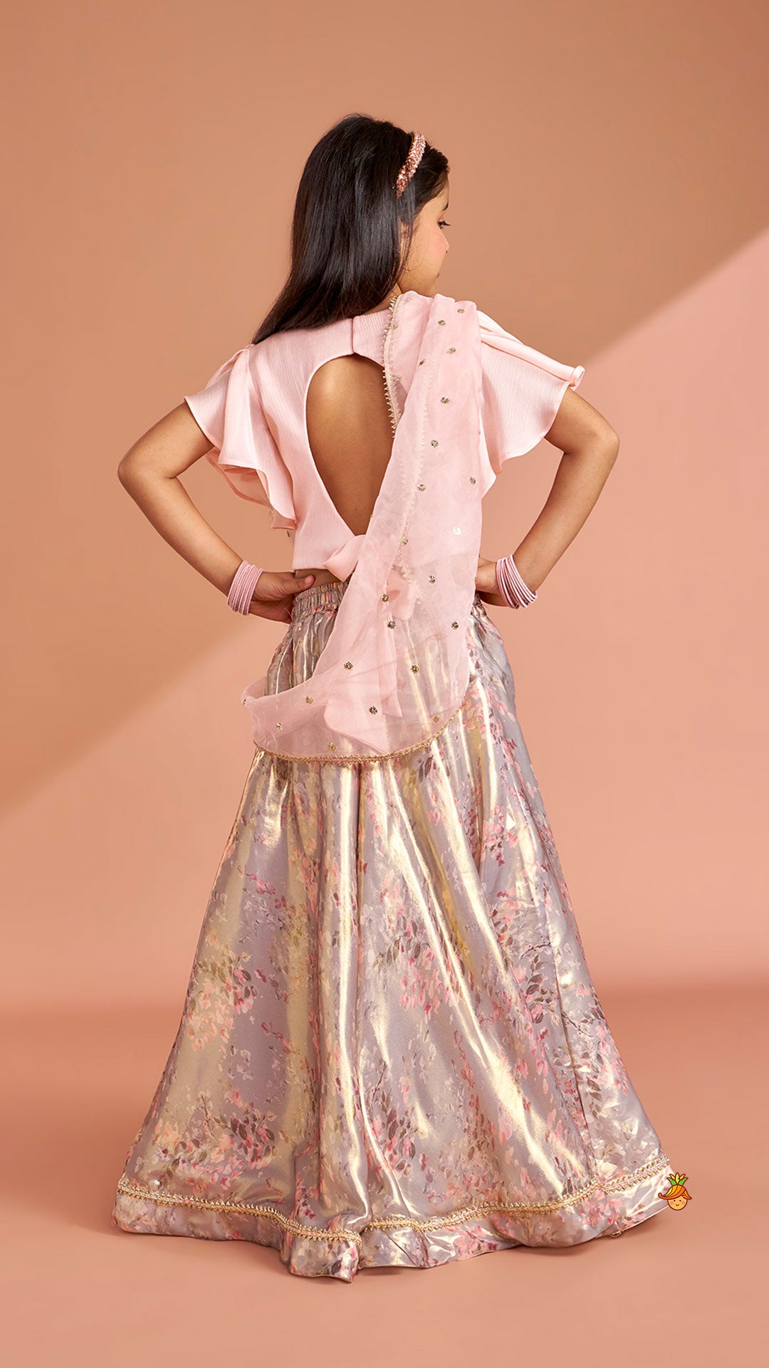 Peach Ruffle Sleeves Top With Shimmery Floral Lehenga And Attached Dupatta